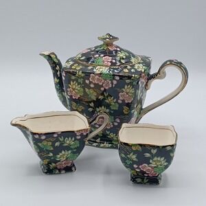Royal Winton Tea Set Unisex Black Excellent Orient Chintz Teapot Creamer Sugar